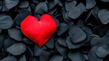 Obraz premium Single Red Heart-Shaped Leaf Among Dark Grey Petals
