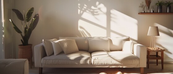 A sunlit minimalist living room with a sofa, highlighting elegance and simplicity in contemporary interior design.