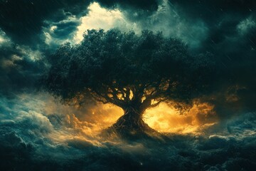 Naklejka premium A large, ancient tree with thick branches stands in a field of clouds, illuminated by a golden light from the heavens.
