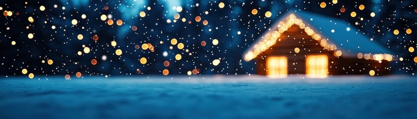 Fototapeta premium A cozy cabin illuminated in a snowy landscape, surrounded by falling snowflakes and twinkling lights, evoking a warm, winter ambiance.