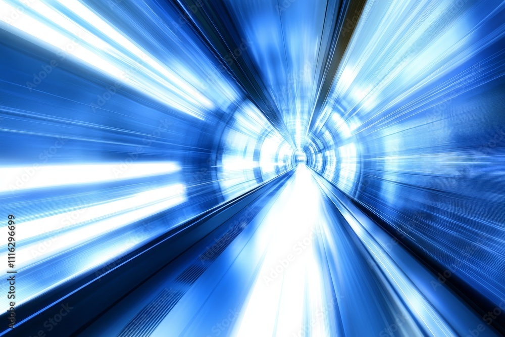 Poster high-speed movement through a futuristic tunnel with dynamic blue lights creating an illusion of acc