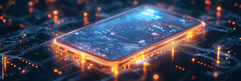 Aufkleber a glowing smartphone icon with transparent circuits representing mobile app development, online serv