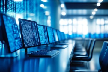 High-Tech Office Environment Showcasing Multiple Computer Workstations with Data Code on Screens Illuminated by Blue Light in a Modern Workspace Setting