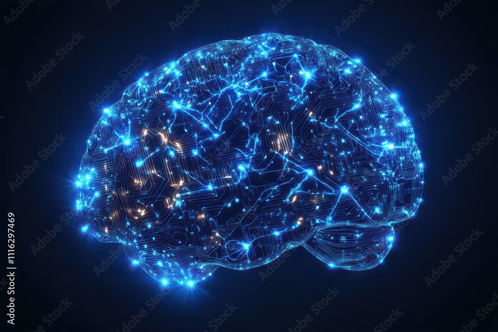 Poster a glowing futuristic brain made of circuit-like patterns isolated on a dark background