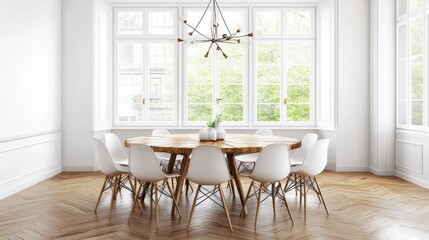 Fototapeta premium Modern Dining Room With Wooden Table And White Chairs