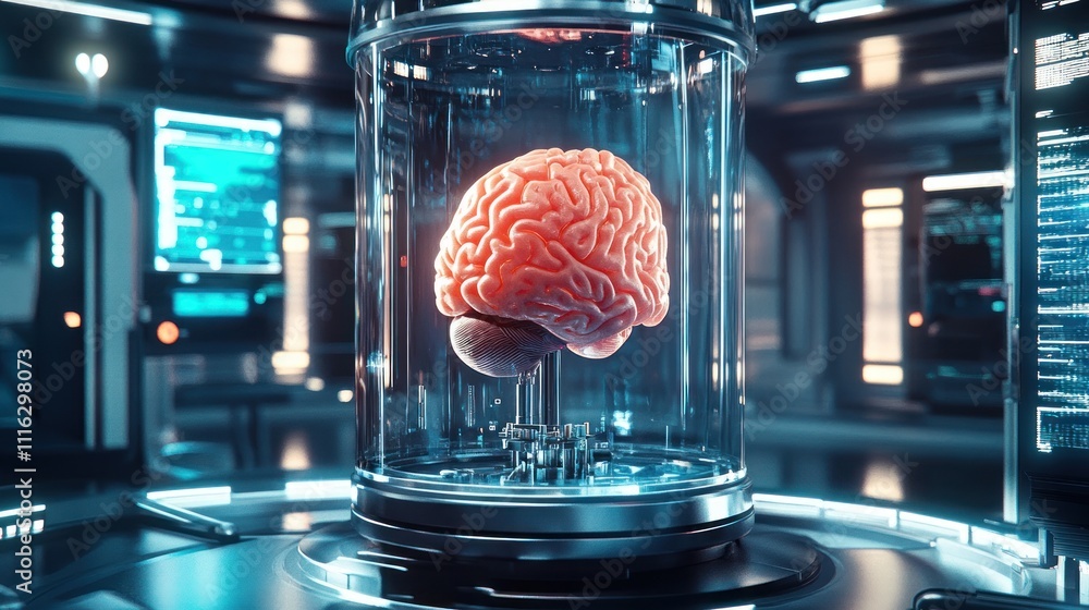 Poster a futuristic display of a brain in a glass container, emphasizing neuroscience and technology.