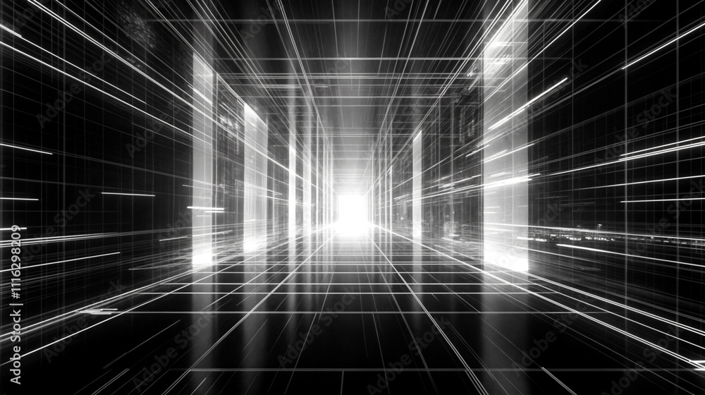 Poster a corridor in a futuristic environment features bright light at the end, surrounded by dynamic lines
