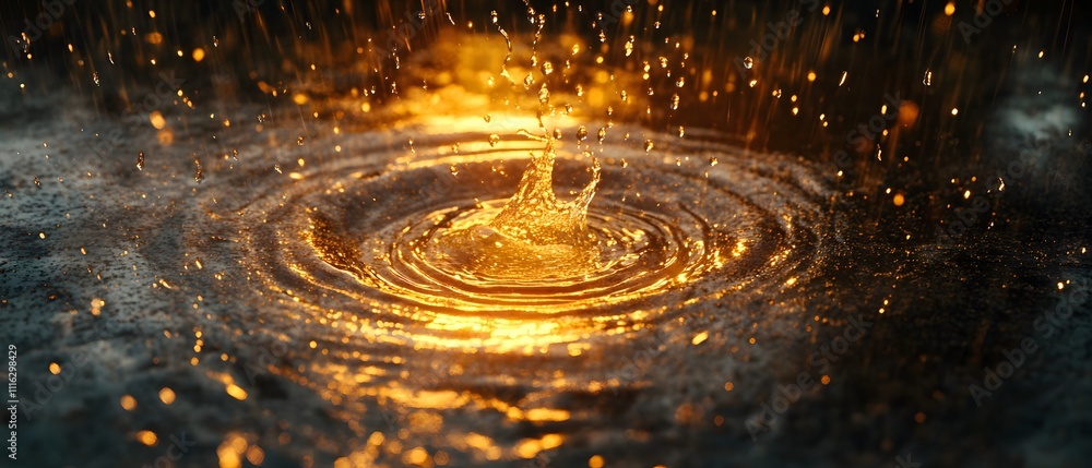 Aufkleber Golden Raindrops Creating Ripples in a Puddle During a Rain Shower With Soft Light Reflections and Textured Surface Background