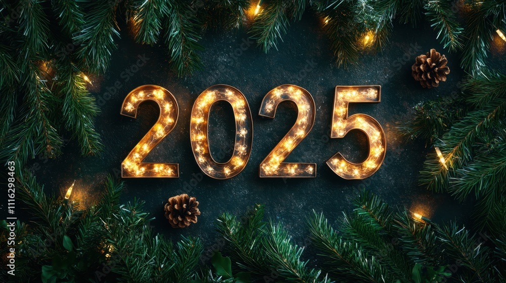 Poster the numbers 2025 illuminated by twinkling lights and set against lush fir branches, creating a cheer
