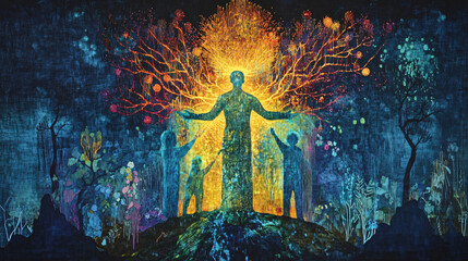 Obraz premium A glowing tapestry woven from threads of light, each thread representing a family member, with a central figure repairing torn sections. 