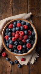 A bowl of mixed berries, including blueberries and raspberries, is on a wooden table