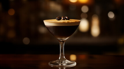 Espresso martini in elegant glass with coffee bean garnish