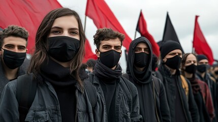 Fototapeta premium Anonymous Young Activists in Black Clothing and Face Masks at a Political Protest with Red and