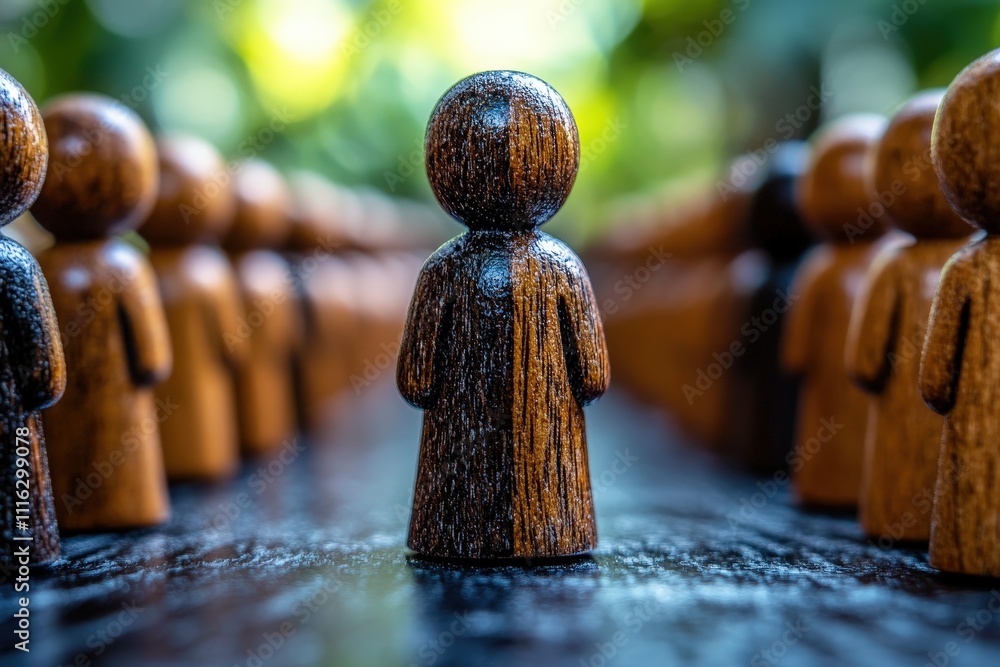 Poster wooden figurines representing unity and diversity in a creative setting
