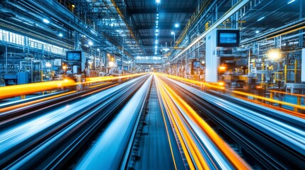 Fototapeta premium Industrial Factory Production Line Fast Speed Motion Blur Manufacturing Process Automation
