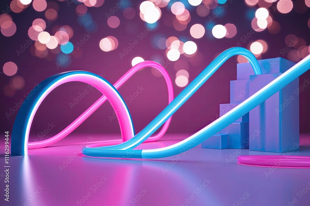 Poster contemporary 3d visualization of pink and blue neon arcs with sparkling bokeh and advanced data exch