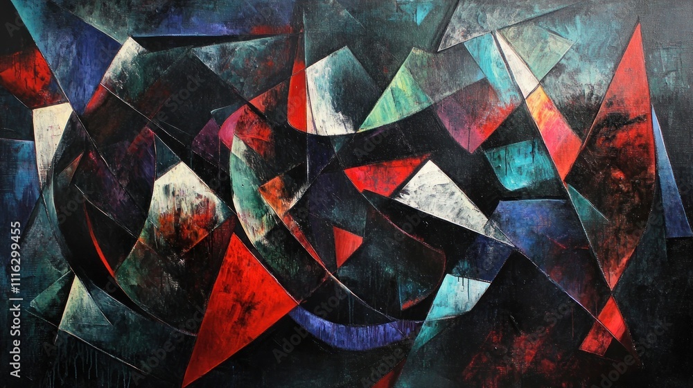 Poster a painting that explores the balance between chaos and order, with sharp lines and contrasting shade