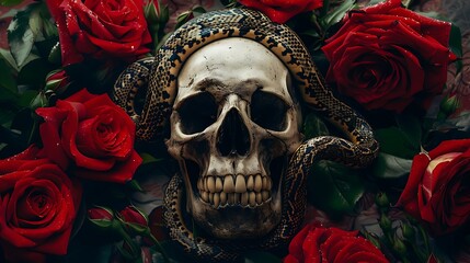 Skull Adorned with Roses and Snake