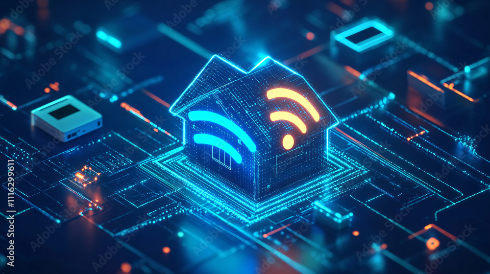 Poster a glowing wi-fi signal icon with digital pulses radiating outwards, surrounded by smart home devices
