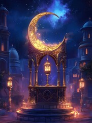 Obraz premium Ramadan Kareem podium. Glowing lantern on the background of the old city and mosque. Islamic traditional frame. Luxurious golden moon with islamic ornament. Eid Mubarak. Vector illustration 