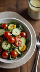 A bowl of salad with tomatoes and cucumbers on a white plate. The salad is topped with a dressing in a glass jar