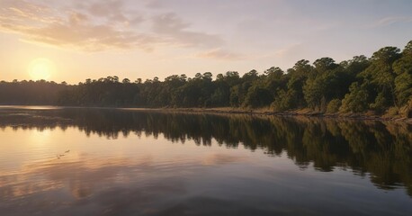 Obraz premium Golden light of sunrise illuminating the Apalachicola River, peaceful landscape, natural wonder, illuminate