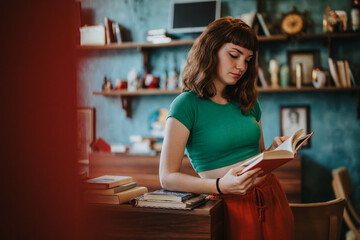 A young woman wearing green and orange clothes reads a book in a cozy home interior. Books and...