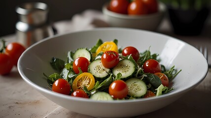 A bowl of salad with tomatoes, cucumbers, and lettuce. The salad is colorful and fresh, and it looks like a healthy meal