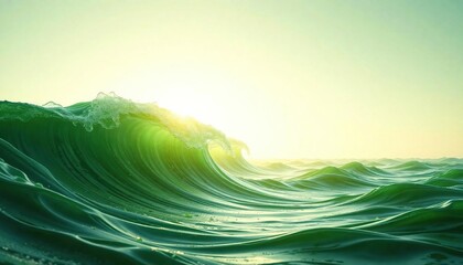 Thick green silk waves merging with the horizon, thick silky green waves, flowing fabric, calming ambiance