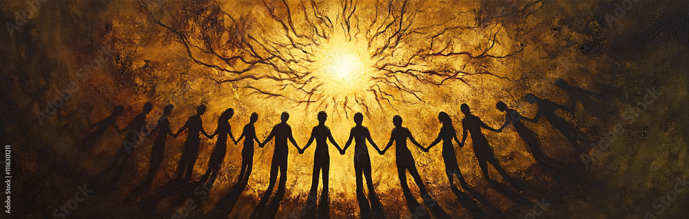 Poster a group of figures standing in a circle, holding hands, their shadows extending into a radiant web o