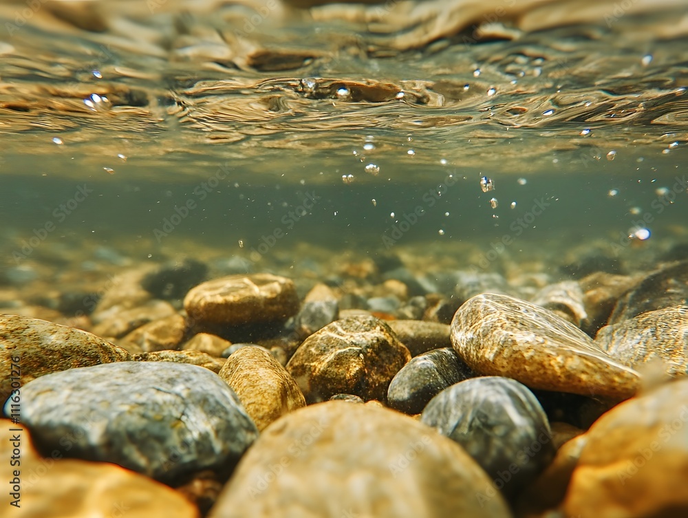 Poster underwater view of pebbles and stones with bubbles in clear freshwater stream highlighting tranquili