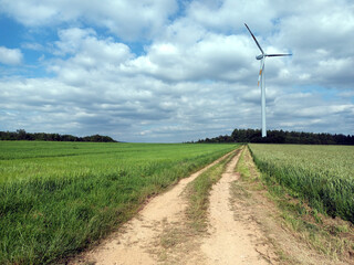 Windrad in Sommerlandschaft mit Wiesen und Feldern bei Heidenburg im Hunsrück im Landkreis...