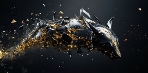 Shattered Black Gold Bull Head Exploding Art