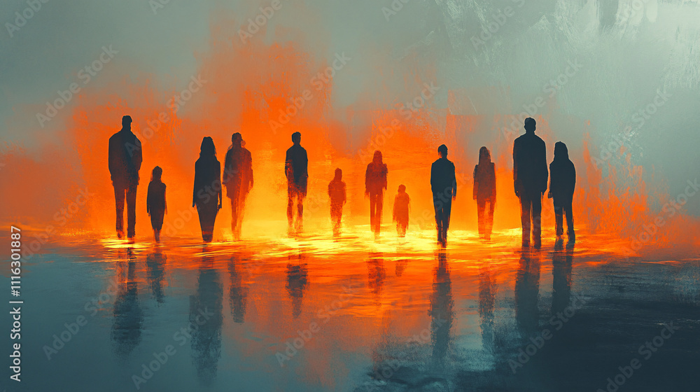 Aufkleber a group of figures standing on a reflective surface, with their glowing reflections beneath them rep
