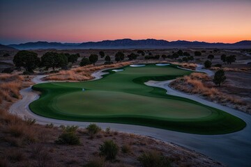 Serene Dusk Landscape of an Abandoned Golf Course with Glowing Atmosphere