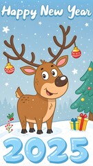 Fototapeta premium Happy New Year 2025, mobile phone wallpaper with Reindeer, apple, samsung, winter and christmas feeling