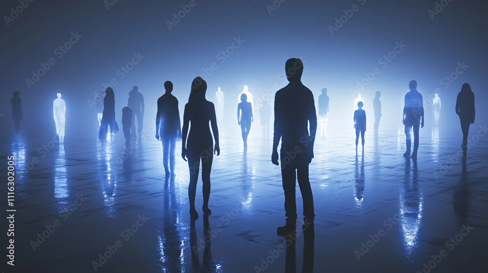 Poster a group of figures standing on a reflective surface, with their glowing reflections beneath them rep