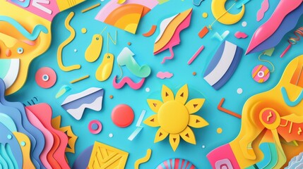 Naklejka premium Colorful abstract shapes and patterns on a vibrant blue background.
