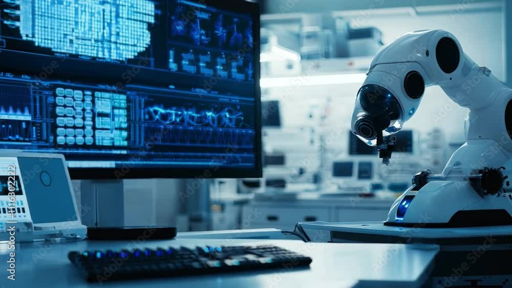 Poster high-tech robotic arm in a modern laboratory environment focusing on ai research and development