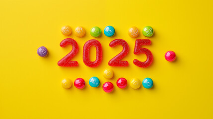 Obraz premium Colorful candy new years banner. 2025 banner. New years celebration card.