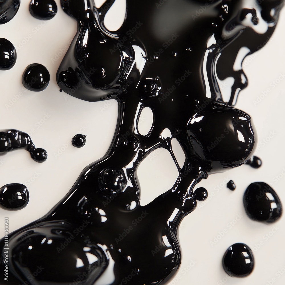 Poster macro shot of black ink drops isolated on white background