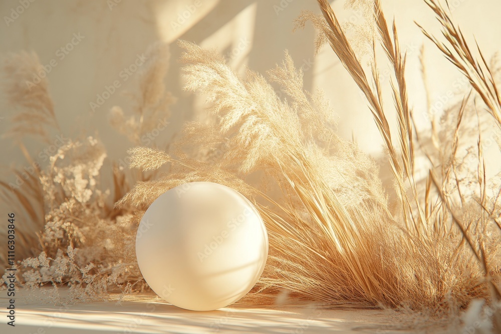 Poster minimalist composition featuring a round sphere and dry grass in soft natural light, creating an ele