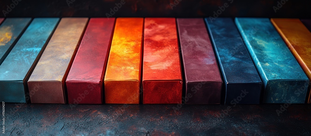Poster row of colorful square blocks with a blurred background.