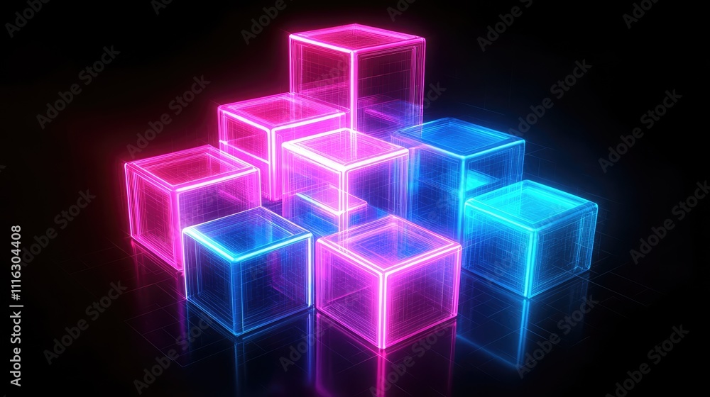 Poster a neon-lit pixel abstract design with glowing blocks in neon pink and cyan, creating a futuristic vi