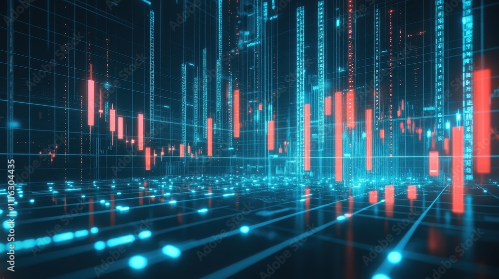 Poster abstract digital cityscape with financial data visualization.