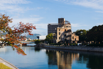 Hiroshima, skyline city view with Atomic Bomb Dome, Peace memorial park with A-Bomb Genbaku Dome, Hiroshima prefecture, Japan, in a sunny fall autumn day