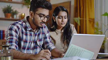 A young, Desi couple uses a laptop and calculator to jointly review financial documents related to housing or loan agreements