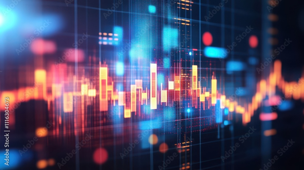 Poster abstract digital financial data visualization, showing stock market trends with glowing colorful bar