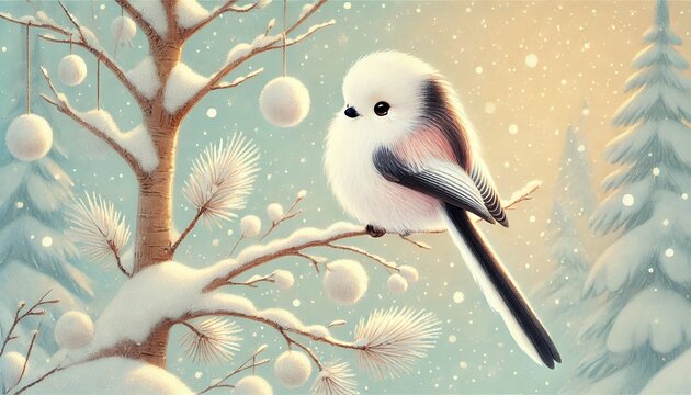 Heartwarming Winter Portrait of a Long-Tailed Tit on Snow-Laden Branches in Pastel Storybook Style