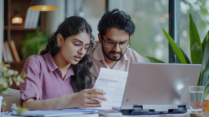 A young, Desi couple uses a laptop and calculator to jointly review financial documents related to housing or loan agreements